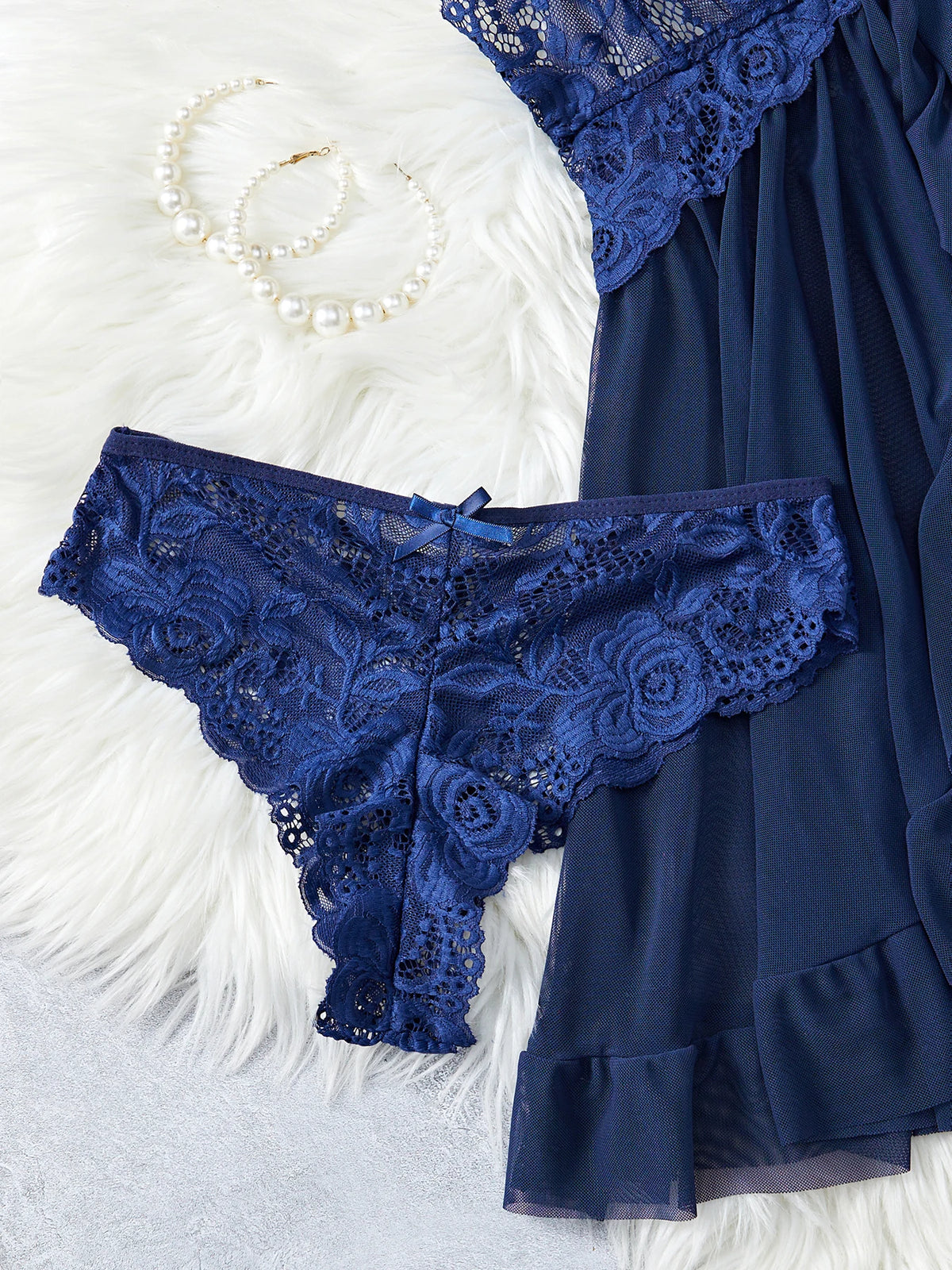 Transparent Blue Sexy Lingerie Women Underwear See Through Sleepwear Lace Nightdress And Panties Pijamas Set Adult Female Nighty