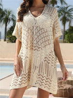 Sexy Hollow Out Beach Cover Up Women Blue White Knitted Crochet Tunic Mini Dress Short Sleeve V Neck Loose Cover-ups Beachwear