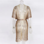 Sexy With Belt Fringe Tassel Crochet Knitted Tunic Beach Cover Up Cover-ups Beach Dress Beach Wear Beachwear Female Women V4649