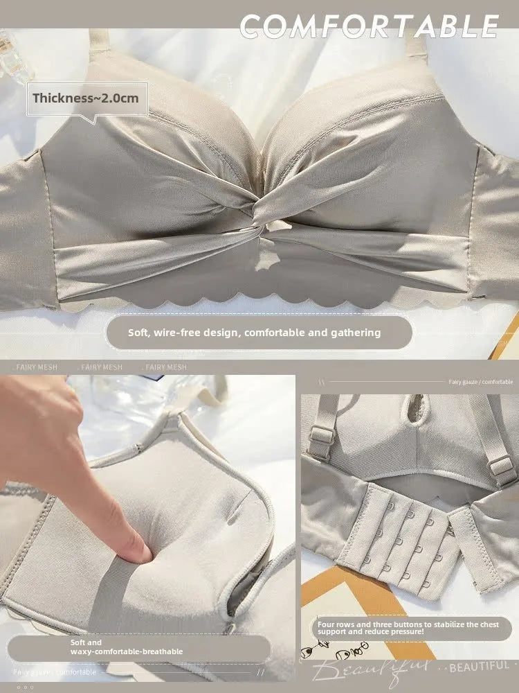 MOYISU Lingerie Women's Small Chest Gathering Summer No Underwire Retraction Breast Anti-sag Flat Bra Cover Underwear Set