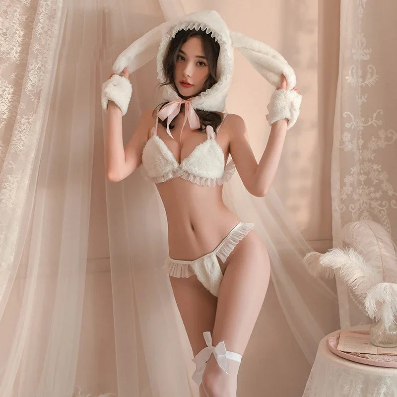 Cute Plush Snow Bunny Girl Cosplay Women Underwear Uniform Sexy Lingerie Rabbit Ear Hat Pajamas Outfits Costumes