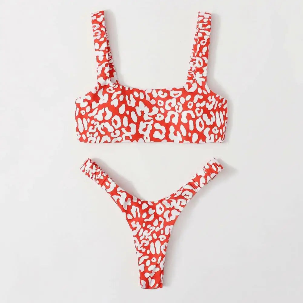 2 Pcs/Set Lady Swimwear Set Leopard Print Quick Dry Women Bathing Suit Slim Fit Wireless Summer Bikini Set For Beach