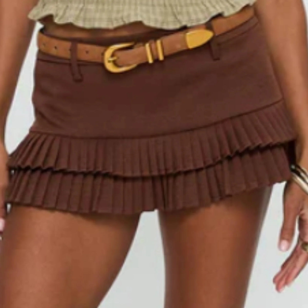 Pleated Mini Skirt for Women Summer Versatile Double Layered Hem Decorative Belt Short Skirts Trendy Mini Skirts for Daily Wear