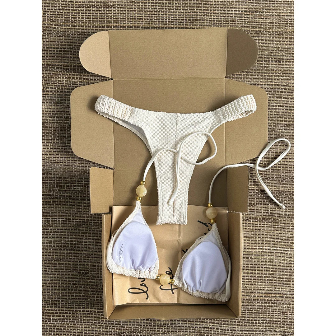 Wrinkled Crinkled Halter Bikini Female Swimsuit Women Swimwear Two-pieces Bikini set Brazilian Bather Bathing Suit Swim V8134