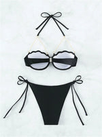 Sexy Shell Shape Underwire Bikini Tie Side Thong Bikinis Swimwear Women 2025 Black Pearls Strap Push Up Bathing Suit Swimsuit