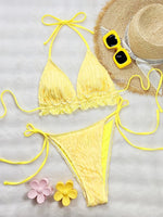 DEKA New Yellow Swimwear Mini Brazilian Ruffled Bikini Set Sexy Laced Up Backless Bikini Women Solid Split Waist Beach Vacation
