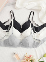 3PCS/Set Lace Trim Women Bras Solid Vertical Stripe Cup Sexy Lingerie Push Up Underwire Fashion & Daily Braet