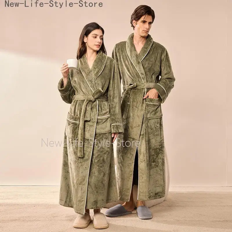 Long Flannel Robe for Men Women Warm Home Pajamas Loungewear 2026 Autumn Winter New Thick Coral Fleece Couple Bathrobe