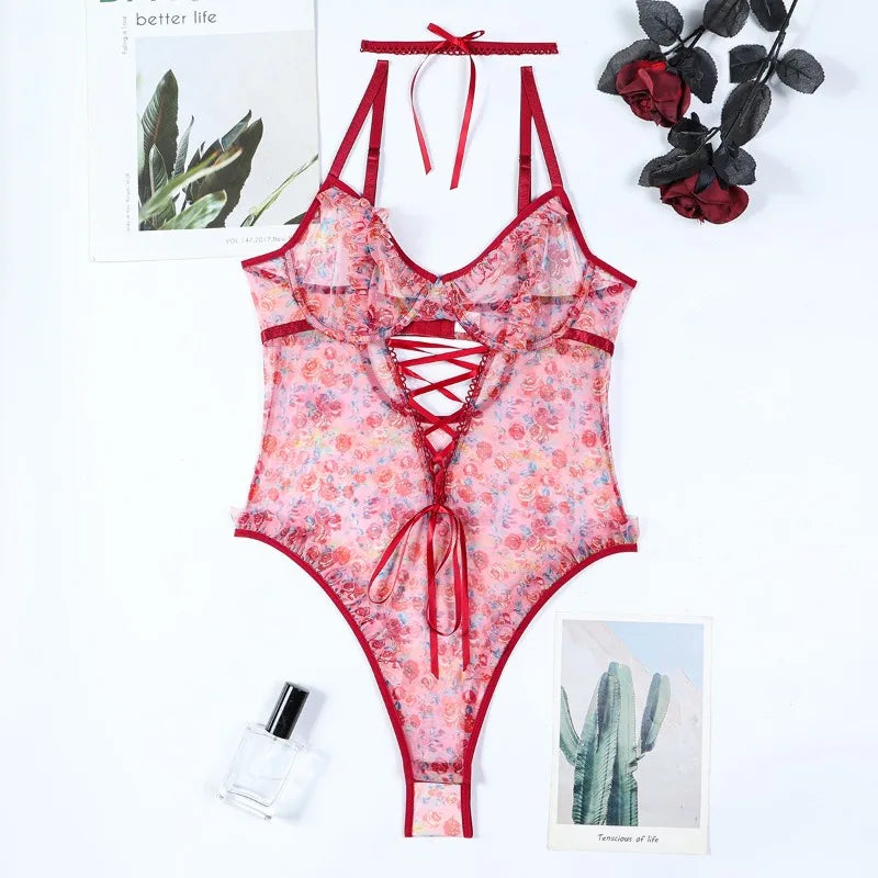 Toucheart Sexy Women Lace Backless InterestingBabydoll Bodysuit Wrap Dress High Waisted Printing Bow KnotBabydoll Bodysuit