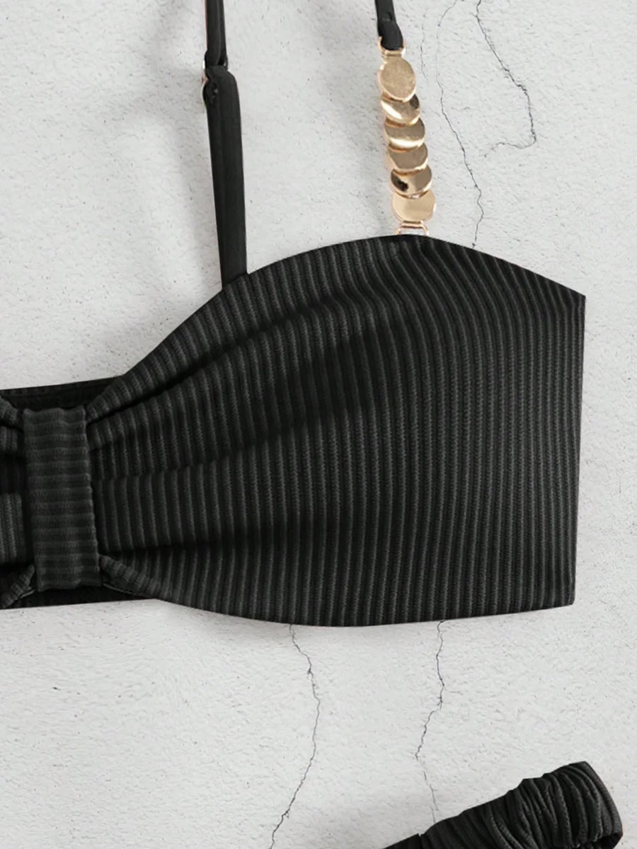 Front Knotted Metal Strap Ribbed Bikini Women Swimwear Female Swimsuit Two Pieces Bikini Set High Cut Bathing Suit Swim Beach