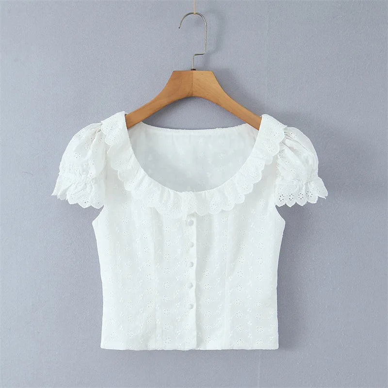 Sweet Lace Doll Collar Puff Sleeve Women's Shirt With Single Breasted Buttons Hollow Jacquard Slim-fit Pure Desire Elegant 6VN3