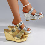 Chunky Wedges Gold Sandals Women Plus Size 42 High Heel Platform Slippers Woman Snake Pattern Pu Leather Summer Sandles Female