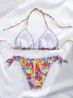 Women Cute Bikini Set 2025 New Summer Orange Floral Print Halter Ruffles Push Up Tie Side Thong Swimsuit Bathing Suit