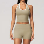 Naked Color Contrast Yoga Sets Women Hanging Neck Sports Vest Gym Clothes Breathable High Waist Shorts Fitness Suits Tracksuit