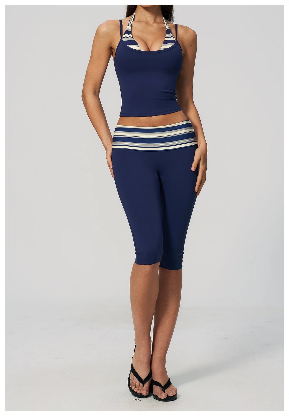 New Fake Two-piece Yoga Sets Women Striped Shock-absorbing Slim Sports Tank Top Fitness Suit Gym High Waist Mid Pants Tracksuit