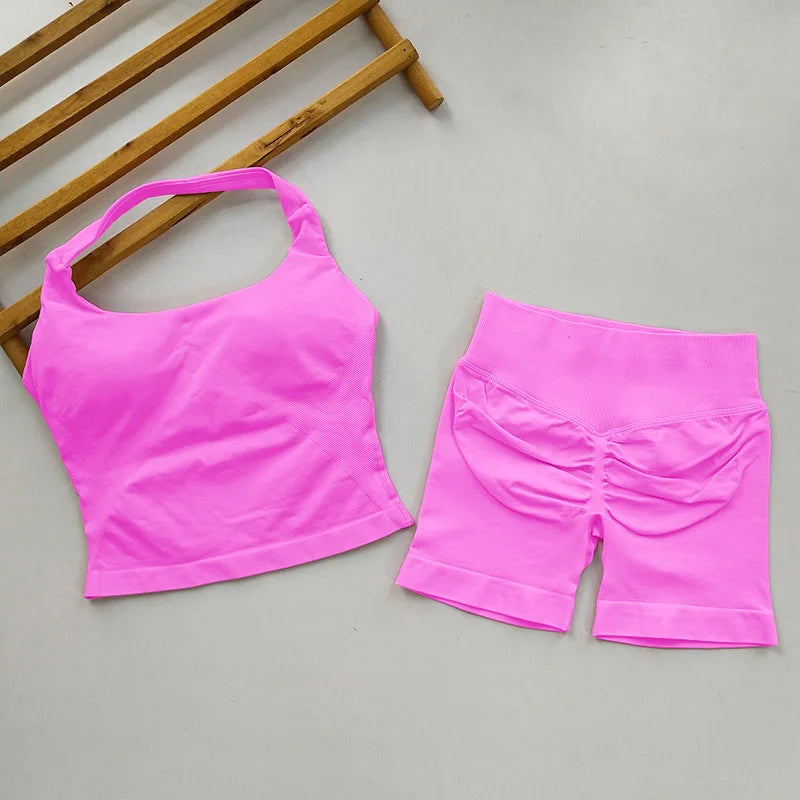 Yoga 2 Pieces Gym Set Women Backless Halter Tops High Waist Seamless Shorts Gym Suit Fitness Sports Bras Sportswear Workout Sets