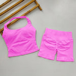 Yoga 2 Pieces Gym Set Women Backless Halter Tops High Waist Seamless Shorts Gym Suit Fitness Sports Bras Sportswear Workout Sets