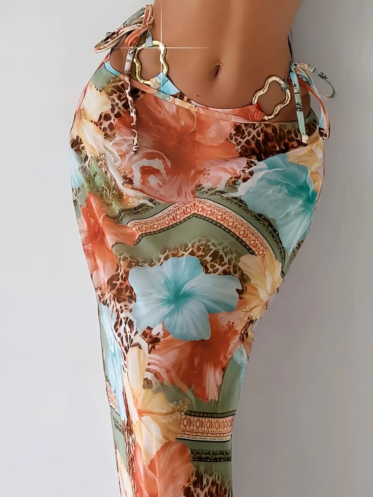 Vintage Pink Floral Print Bikini Women Sexy Metal Ornament Push Up Thong Swimsuit 2025 Beach Bathing Suit Skirt 3 Piece Swimwear
