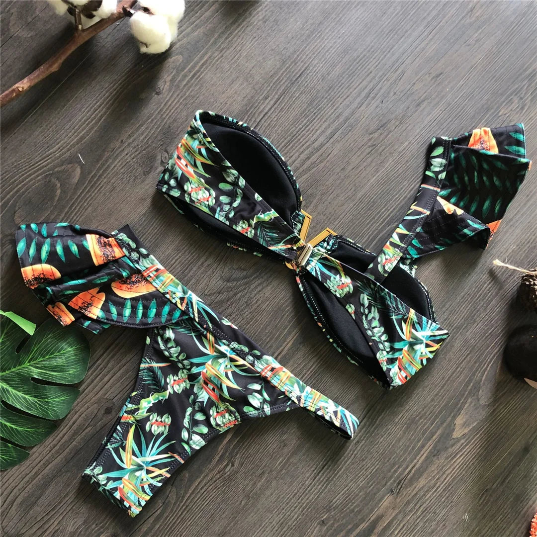 Flower Printed One Shoulder Bikini Women Swimwear Female Swimsuit Frilled Bather Bathing Suit Swim Two-pieces Bikini set K8049