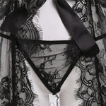 See Through Lace Babydoll Women Sexy Lingerie Erotic Transparent V-Neck Nightwear Robe G-string Robe Sleepwear Dress