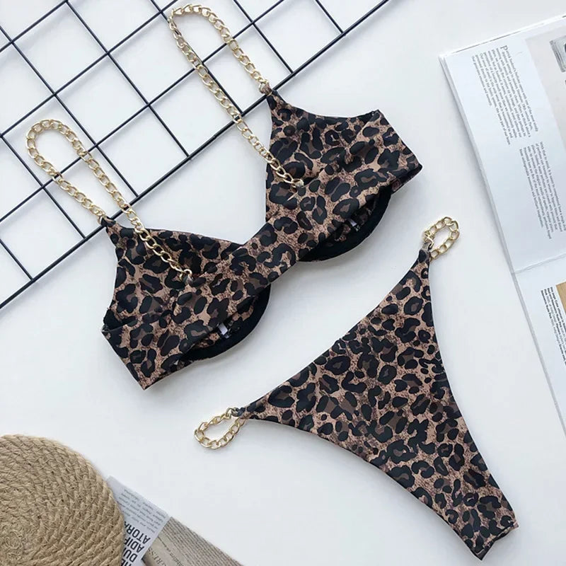 Sexy Metal Chains String High Cut One Piece Swimsuit Women Swimwear Female Monokini Tummy Cut Out Bathing Suit Swim Beach Wear