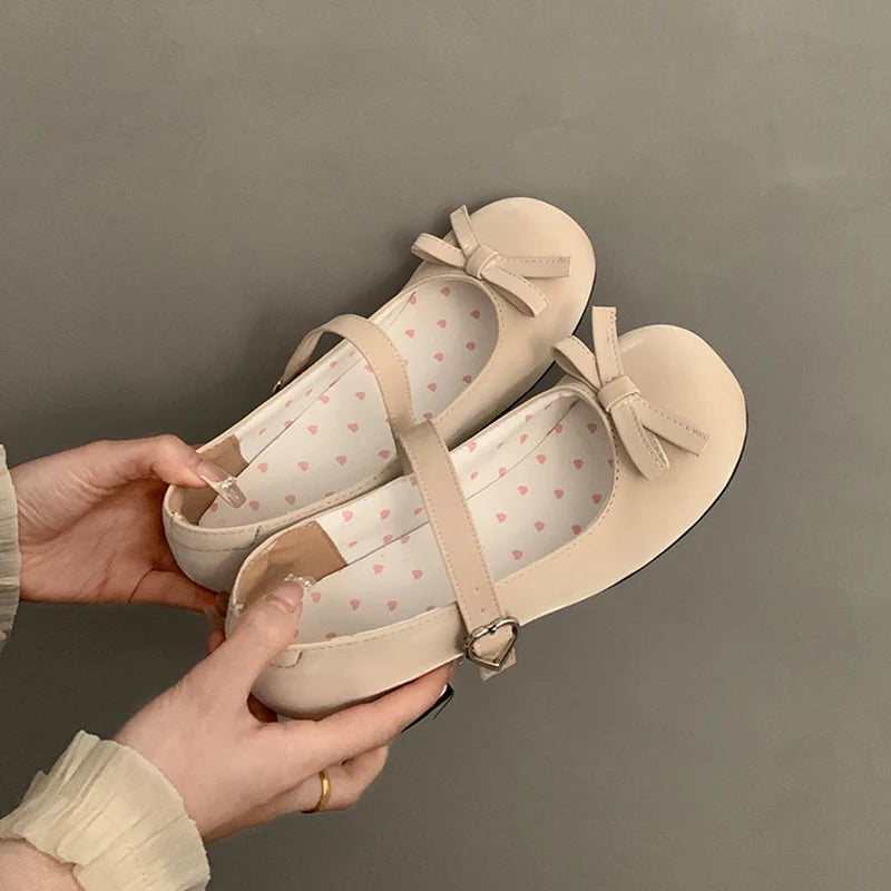 Preppy Butterfly-Knot Low Heel Mary Janes Women Vintage Solid Buckle Strap Pumps Woman Cute Sweet Lolita Single Shoes for Ladies