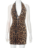 Sexy Halter Neck Off Shoulder Leopard Print Mini Dresses for Women Sleeveless Backless Sequins Skinny Party Night Club Dress