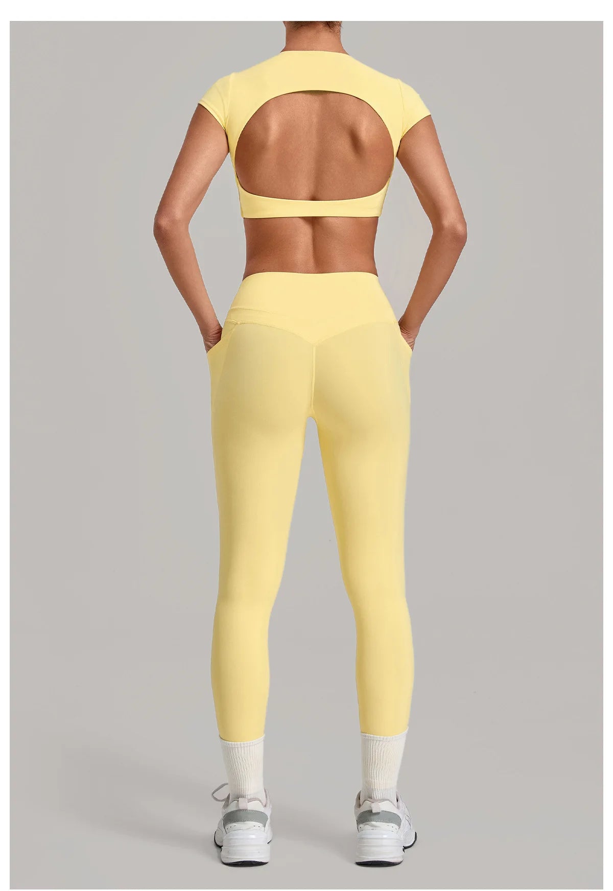 Yoga Set Women's Tracksuit Short Sleeve Back Hollow Out Sports Top Athletic Wear Tight High Waist Pocket Leggings Fitness Suits