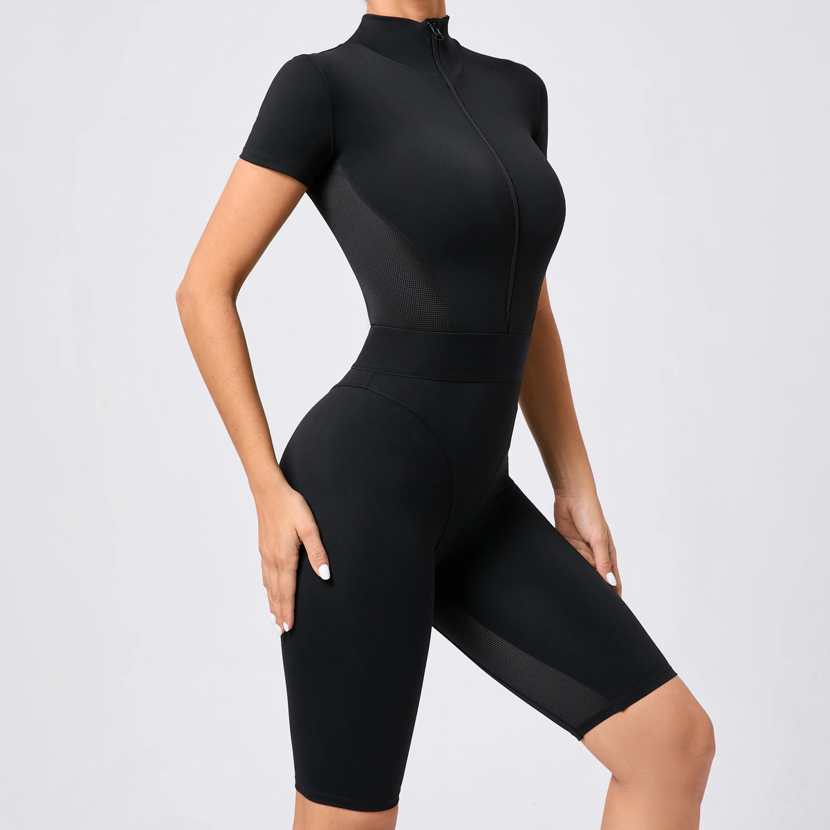 Women's One-Piece Suit Zipper Short Sleeve Gym Push Up Workout Clothes Fitness Short Bodysuit Sportswear Jumpsuits