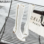 NASBAVI Fashion Women Flats Knee High Summer Boots Peep Toe Square Heels Fretwork Party Shoes Retro Rome Sexy Ladies Footwear