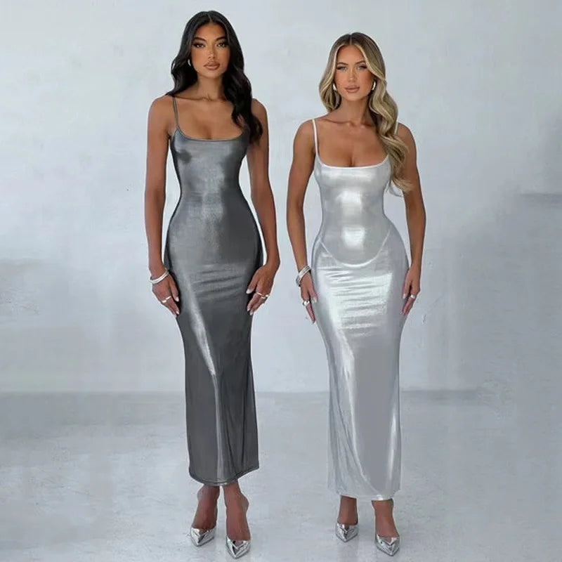 Faux Leather Slim Spaghetti Strap Dress For Women Strap Long Dresses Package Hip Bodycon Sexy Low Cut Party Evening Vestidos
