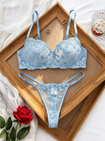 French Style Blue Lace Bra and Panties Set Women Sexy Eyelash Lace Underwear Transparent Mesh Two Piece Lingerie