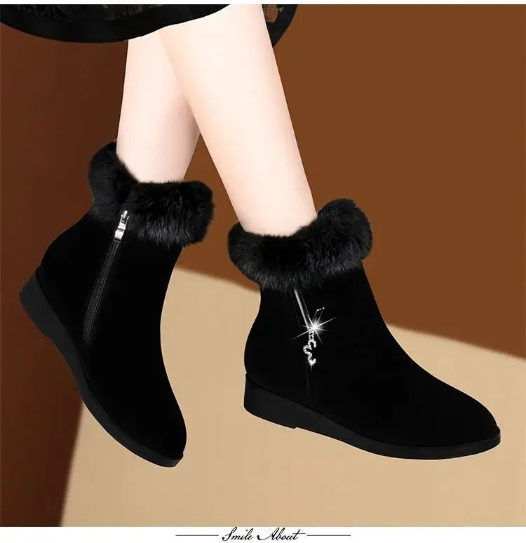 Plush Womens Boots Comfortable Hick-soled Fur Shoes Fashion Ladies Shoes Zipper Women Vulcanized Shoes Anti-slip Chaussure Femme