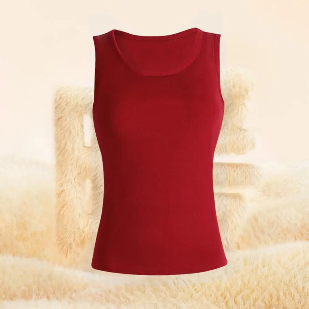 Women Thermal Vest Round Neck Sleeveless Thick Fleece Lining Bottom Vest Solid Color High-Elastic Fit Thermal Tops