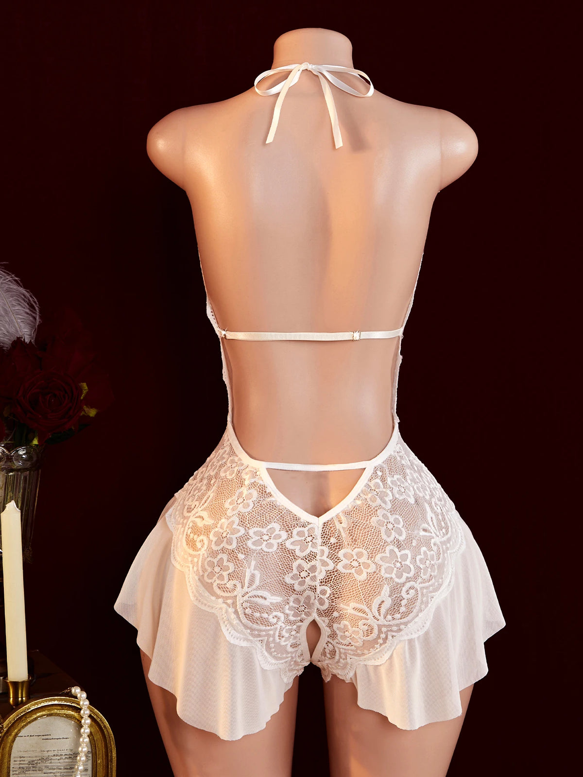 Sexy Crotchless White Underwear Women Lace Hollow Bra Set Erotic Costume Teddy Baby Doll Dress Deep V Open Bra Porn Lingerie Set