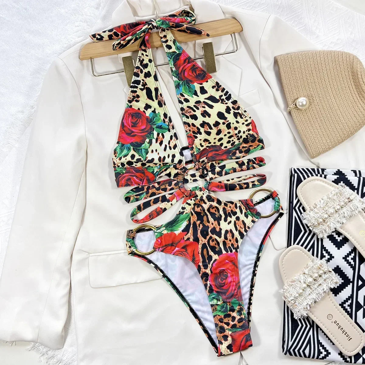 Sexy One Piece Swimsuit Swimwear Women Leopard Hollow Deep V-neck Halter Bathing Suit Beachwear Big Metal Ring Bikini 2026 Mujer