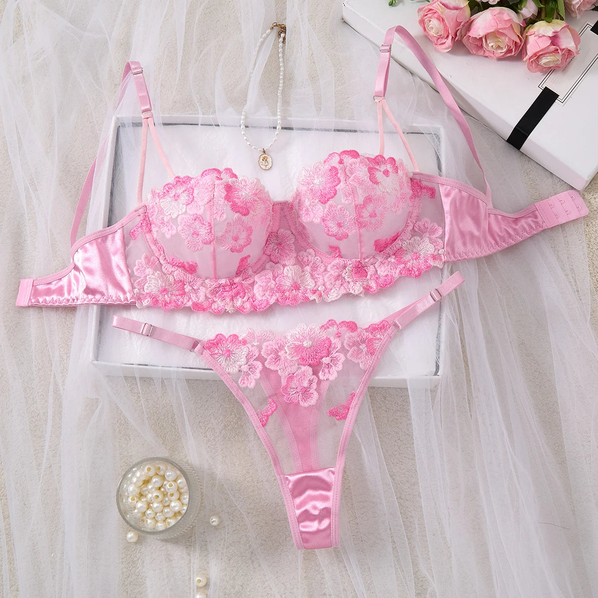 Pink Cherry Blossom Embroidered Lace Underwear Set - Sexy See-through Mesh Semi-cup Shaping Bra Thong Panties ZA825121