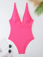 2026 V Neck Swimsuit One Piece Solid Vintage Swimwear Women One-piece Bathing Suit Female Padded Beach Wear Swimming Beachwear