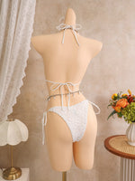 Vintage White Floral Embroidery Bikini Set 2026 Women 3D Flower Push Up Bra Pleate Skirt 3 Piece Swimsuit Bathing Suit Swimwear