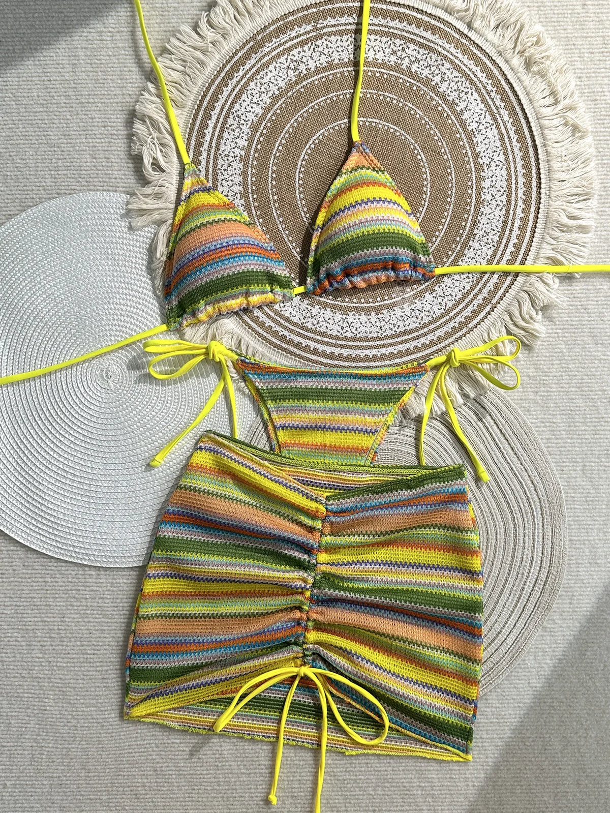 Sexy Coffee Striped Knitted Bikinis Sets 2026 Women Holiday Drawstring Side Skirt 3 Piece Swimsuit Summer Bathing Suit Swimwear