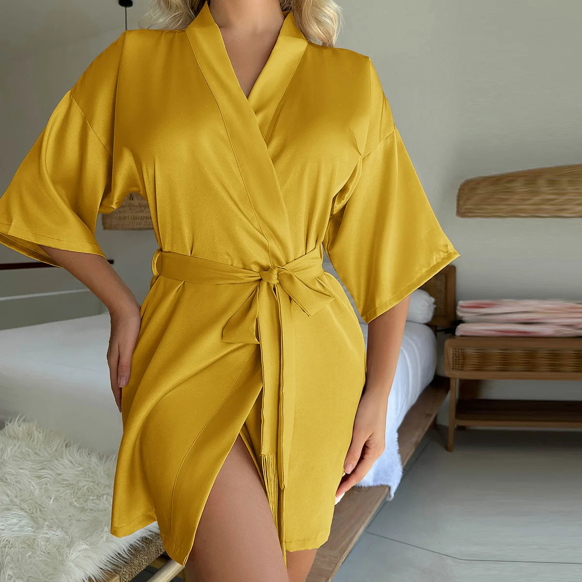 Simulated silk mid sleeve women's nightgown short cardigan with lace up tassel bathrobe thin Sexy pajamas and home clothes