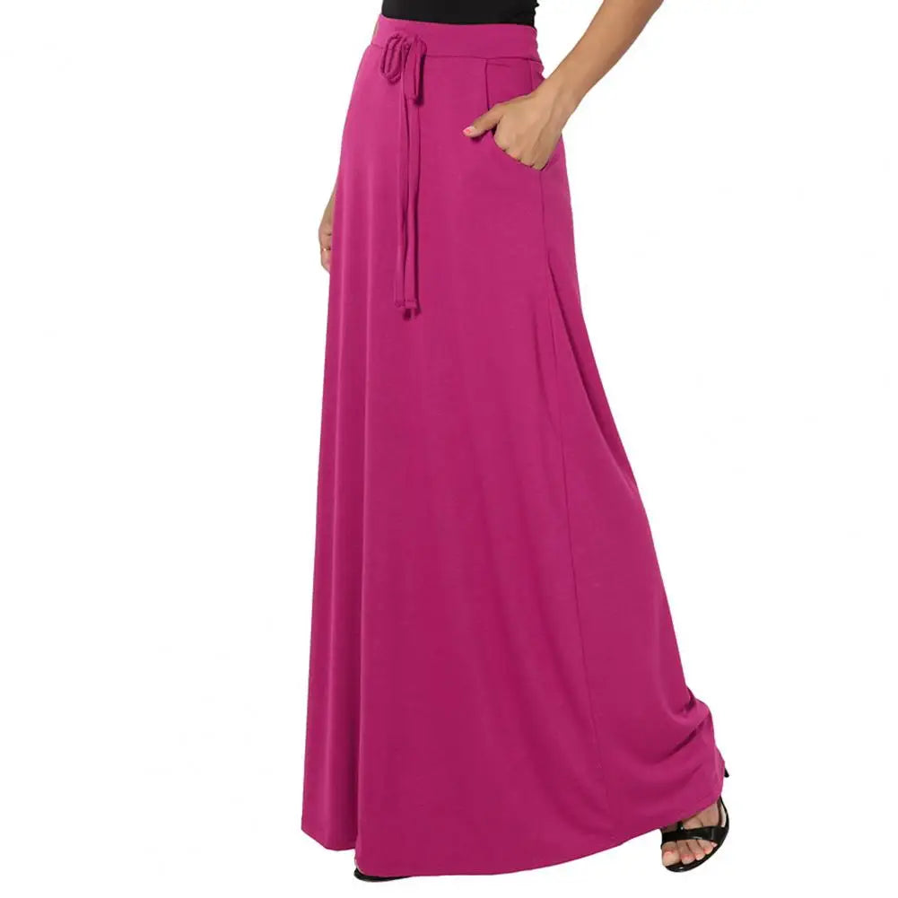 Women Maxi Skirt Adjustable Drawstring High-Waisted Solid Color Long Skirt with Pockets Casual Work Skirt Skirts for women