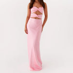 Women's Fashion Elegant Hollow Out Tube Dress Strapless Twist Front Solid Color Bodycon Summer Party Club Long Dresses