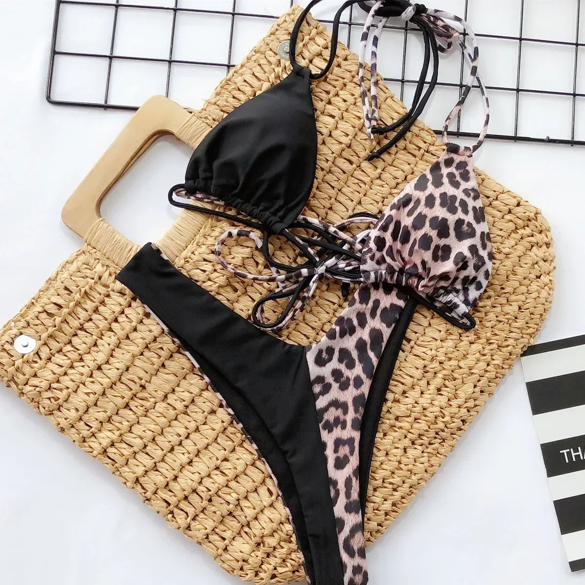 2026 Sexy Bikini Women Swimwear Swimsuit Leopard Patchwork Double-rope Halter Bikinis Set Bathing Suit Beach Bikinis Para Mujer