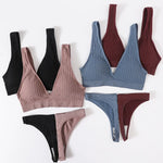 Women Seamless Bra And Panties Set Push Up Bras High Leg Cut Thongs Sport Wireless Brassiere Sexy Lingerie Ribbed Underwear
