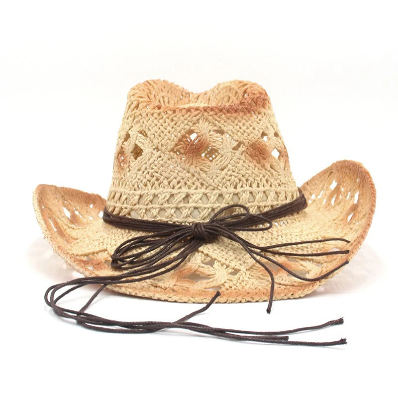 Women Cowboy Hat Creative Curled Straw Hollow Design Ethnic Style Beads Chain Decoration Shade Straw Hat Summer Sun Cap