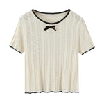 Fashion Casual Knitted Shirt With Black Trim Bow Knit T Shirt Short Sleeve Hollow Out Crew Neck Top For Women Daily Outfit EMZE