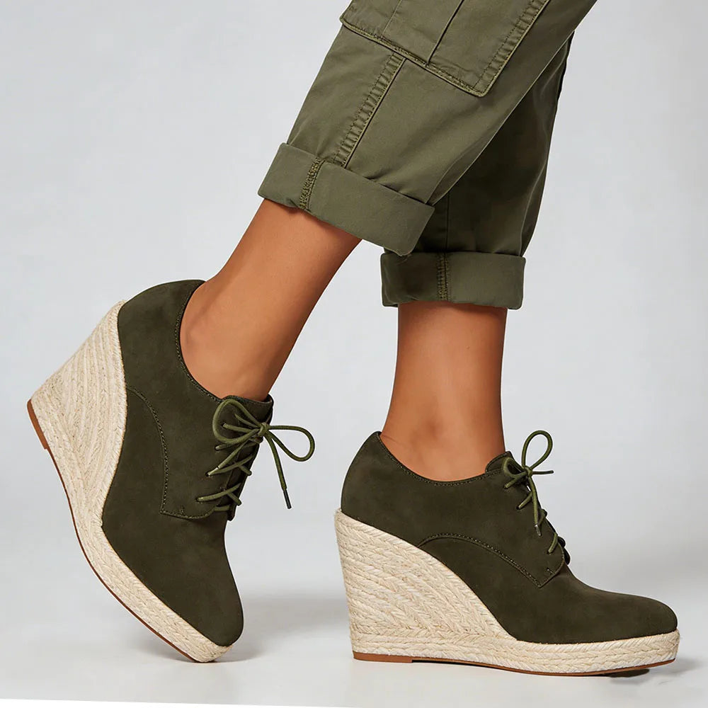 2026 Big Size 43 Vintage Brown Black Pointy Toe Lace-up High Heels Espadrilles Pumps Comfy Walk Office Lady Wedges Shoes Women