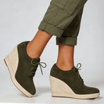 2026 Big Size 43 Vintage Brown Black Pointy Toe Lace-up High Heels Espadrilles Pumps Comfy Walk Office Lady Wedges Shoes Women