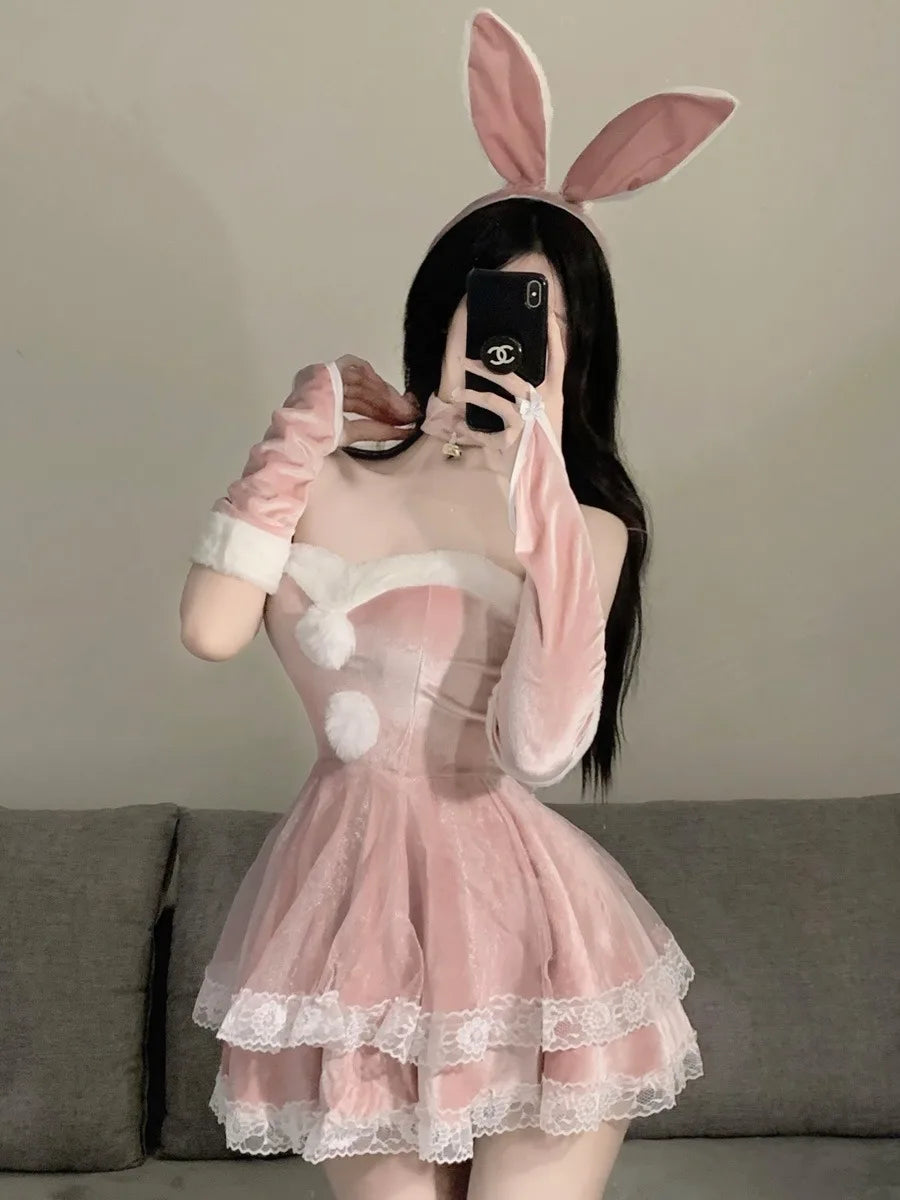 Cute Bunny Santa Christmas Costume Velvet Ruffle Mini Dress Rabbit Headband Bow Tie Xmas Holiday Cosplay Fancy Outfit For Ladies